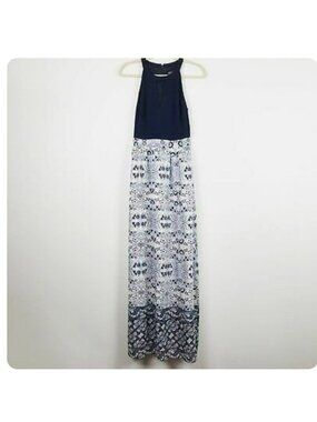 Vince Camuto Women's 8 Blue Printed Keyhole Halter Maxi Dress